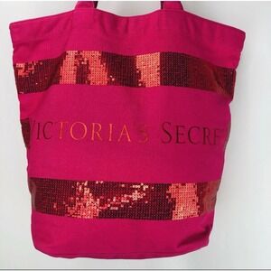 Victoria Secret  Extra Large Beach Hot Pink Sequin Town Tote Bag Overnight